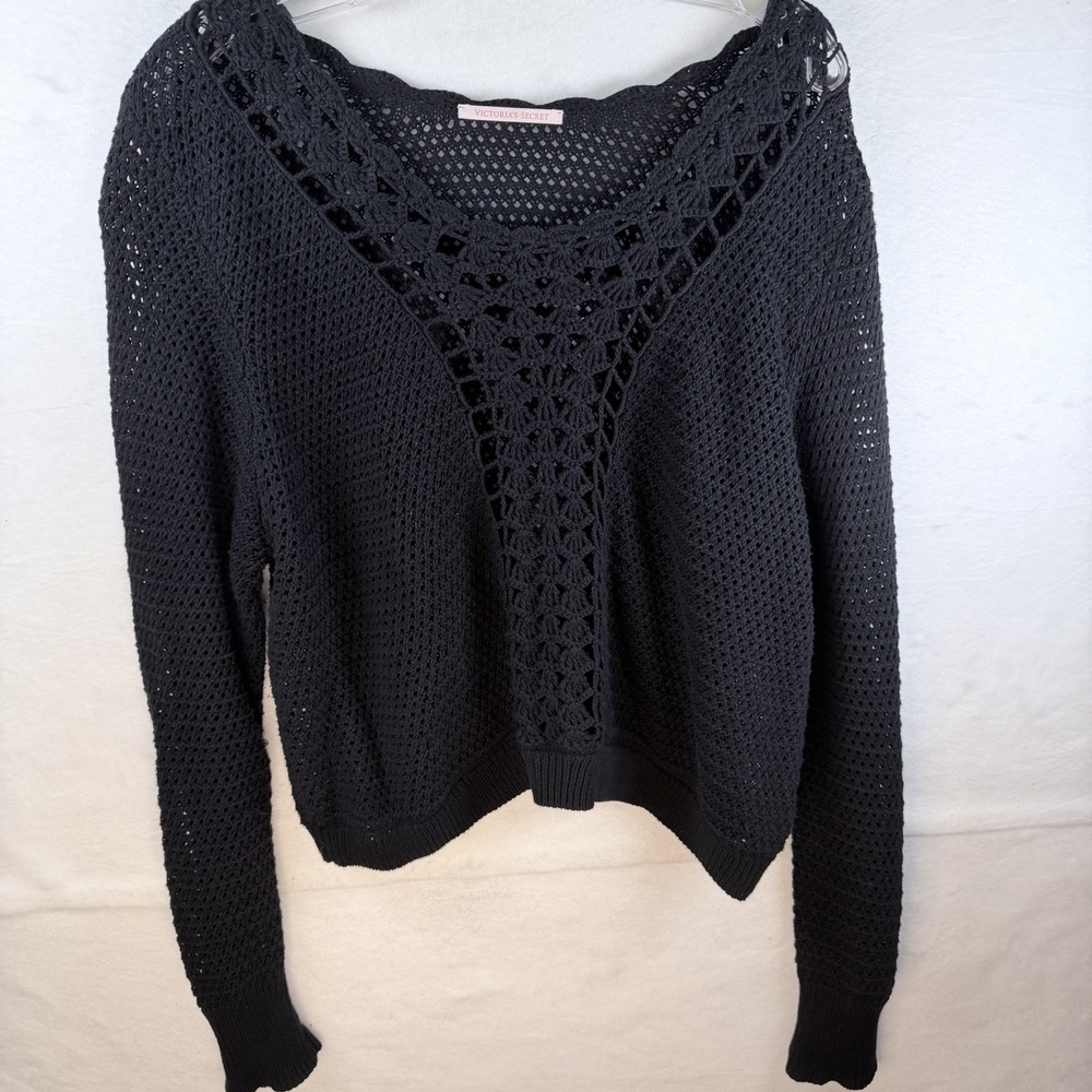 Whimsigoth Black Open Knit Cropped Sweater Long Sleeve Victorias Secret Sz M/L**